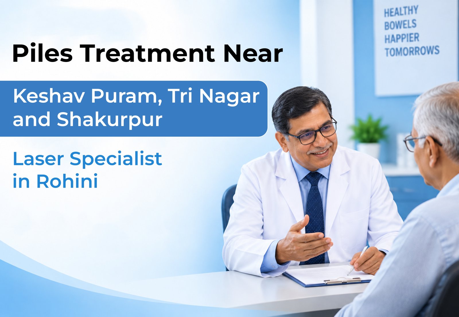 Piles specialist consulting a patient at a clinic in Rohini near Keshav Puram, Tri Nagar and Shakurpur.